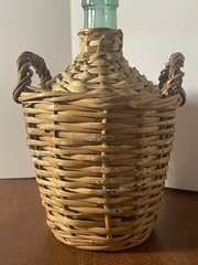Vintage V. Levante Spanish wicker covered green glass demijohn bottle See Pics