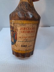 Vtg Wood Carved Wine Bottle Jerezano Oloroso Primitive Pirate Prop Candle Holder