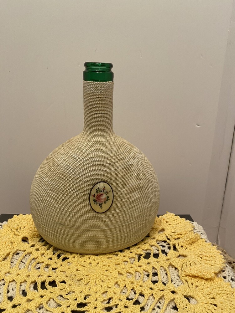 Twine Wrapped Liquor Bottle W/ Floral Medallion Rare Green Glass MCM Bar Decor