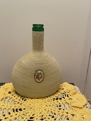 Twine Wrapped Liquor Bottle W/ Floral Medallion Rare Green Glass MCM Bar Decor