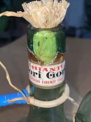 1963 Chianti Italian Wine Green Glass Decanter & Blue Wicker Basket Labels Rare
