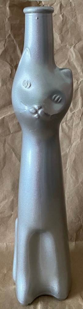 Silver Wine Bottle Happy Cat, empty, 13&Prime;tall, glass, cork inside bottle