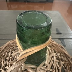 Vintage Wicker Wrapped Green Glass Bottle Demijohn Barware 13”tall