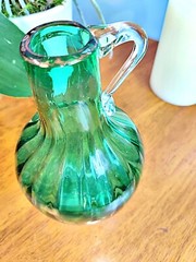 Vintage MCM Mid Century Blown Glass Wine Bottle Decanter Jug Green W/Handle