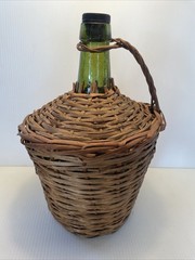 Vtg Wicker Wrapped Demijohn De Muller Spain Green Glass Wine Bottle 13” h x 9”w*