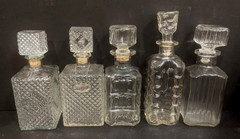 5 Old MCM 1960s Square Clear Glass Bar Liquor Bottles Bourbon Tag