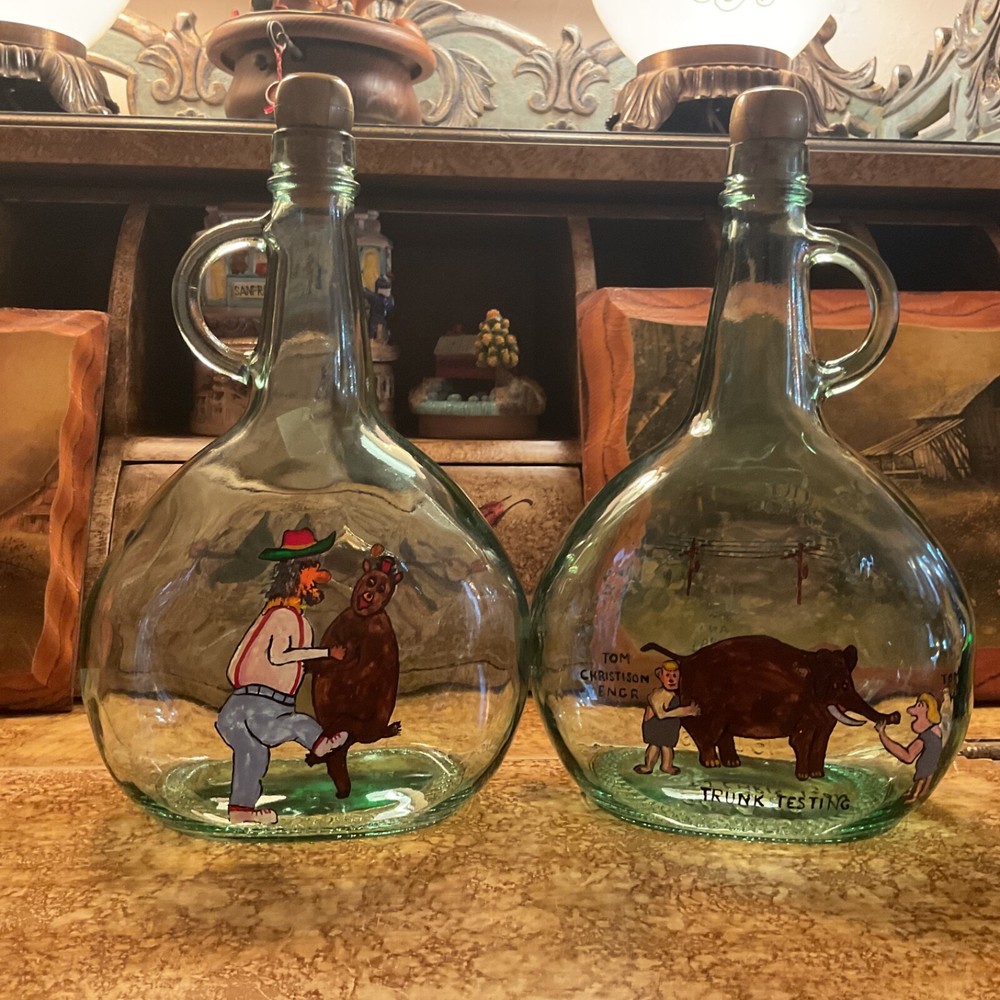 Hand Painted Winter 1.5 Liters Glass Jug Wine Bottle Folk Art ( set of 2 )