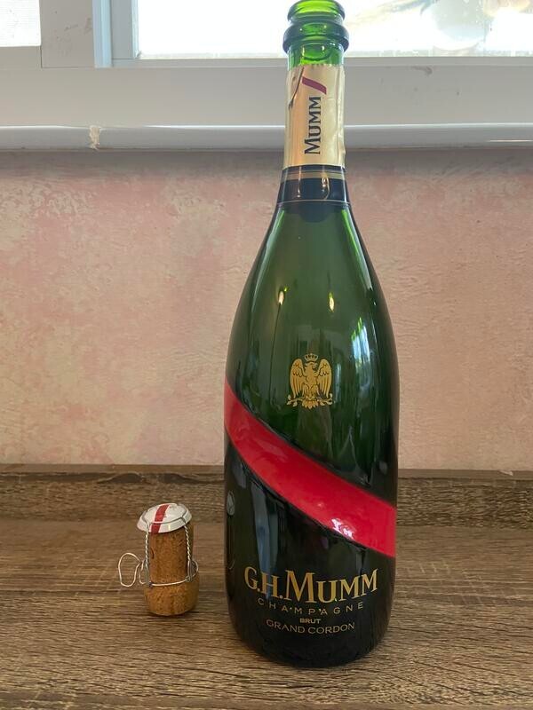 G.H. Mumm Empty Champagne Bottle 12” Green Red Gold Classic with original cork