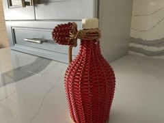 Vintage 7.5” Red & beige Demijohn Wine Bottle Wicker