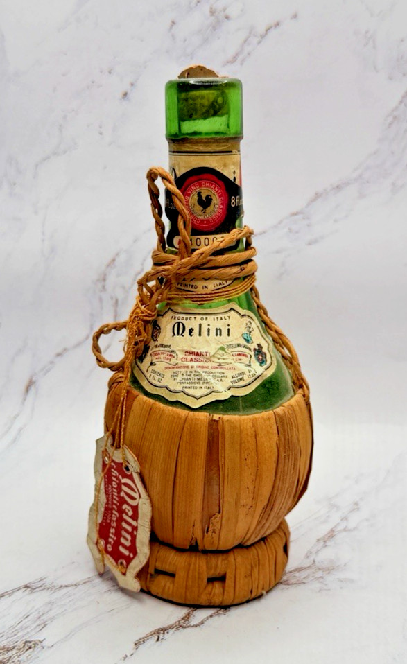 VTG Melini Chianti Classico 1968 Green Wine Bottle w/Wicker Basket 8 Fl Oz w/tag
