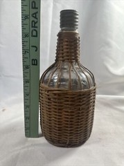 Old Glass Bubble Wicker Wrapped Bottle With Metal Screw Cork 10” Denver Antique