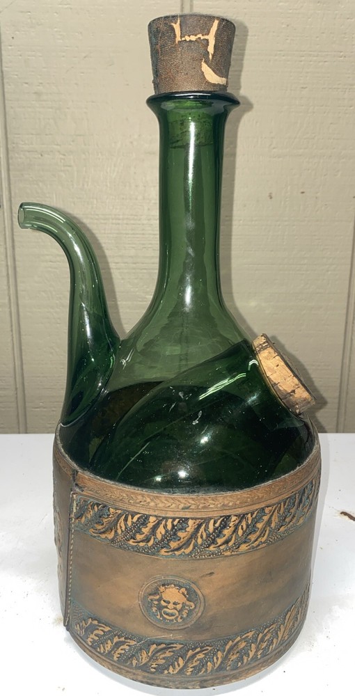 Vintage 1930’s Hand blown Leather Wrap Italian Green Glass Decanter Wine Bottle