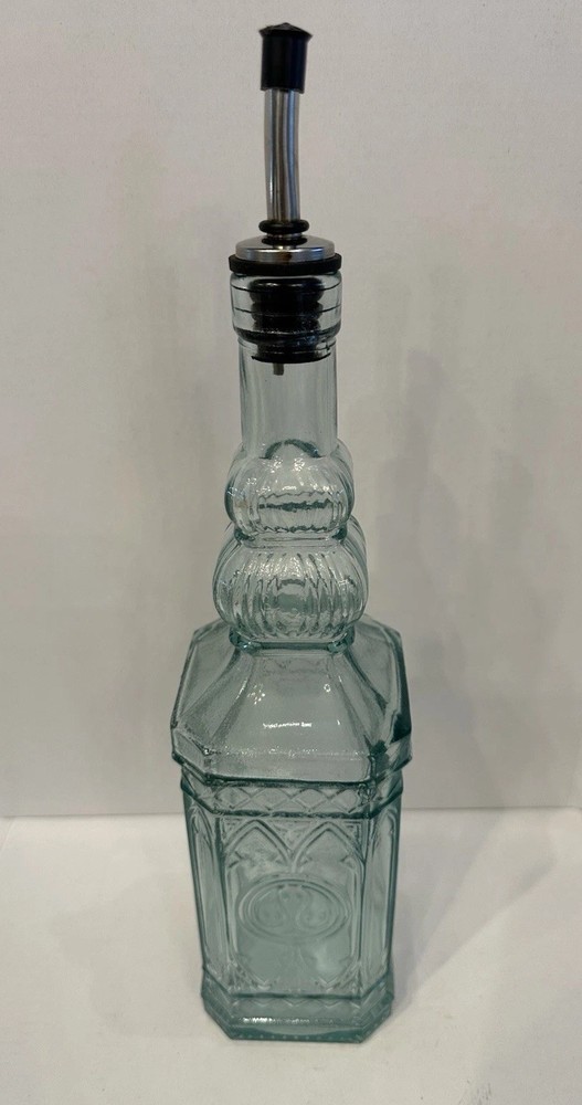 Vintage Pressed Glass Oil Vinegar Bottle Decanter w Metal Pour Spout