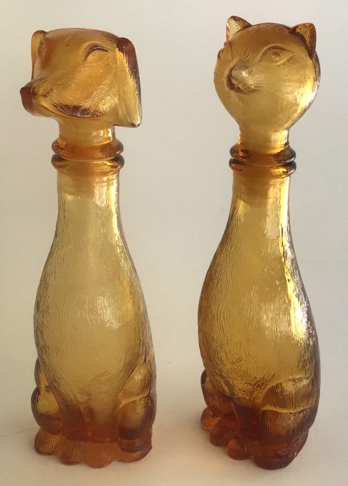 Empoli Figural Cat Dog Amber Glass Carafe Decanter Genie Bottle Pair MCM 1960s