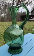 Beautiful Emerald Green Blown Handled Jug Decanter Vintage MCM Empoli