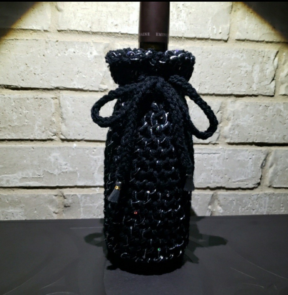 Handmade Elegant Black With Silver Sequins Wine Bottle Cover Or Sweater