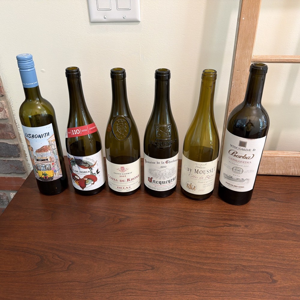 Lot of 6 Empty Wine Bottles 750ml Colored Glass