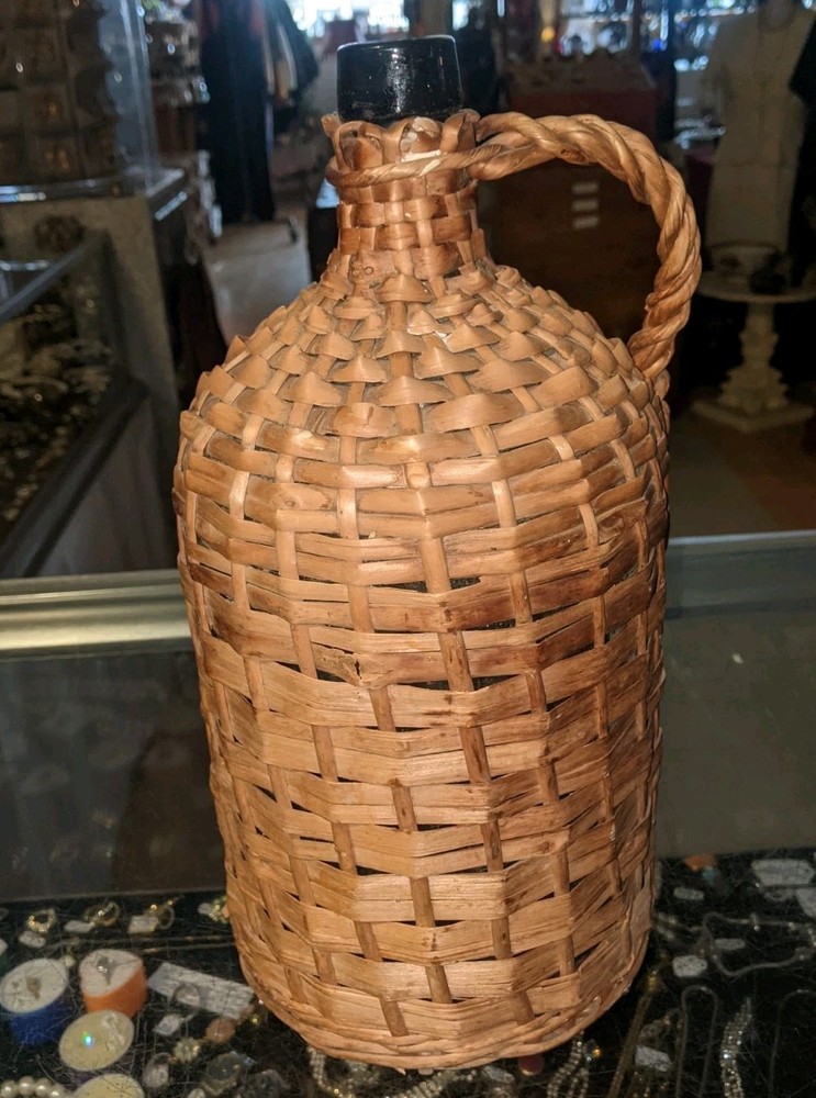 Italian Dark Green Bottle Wicker Wrapped Jug