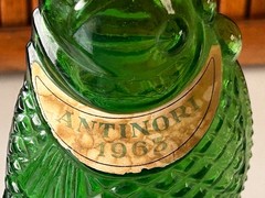 2 ANTINORI Green Glass Fish Decanters 1965 10.5&Prime; & 8&Prime; BIANCO White Wine Ital