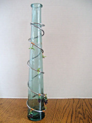 VINTAGE GREEN WINE BOTTLE / VASE Decorated w/Metal, Copper & Plastic Grapes