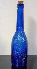 Vintage AM Cobalt Blue Glass Wine Bottle 12&Prime; Tall Embossed Grapes Leaves Cork