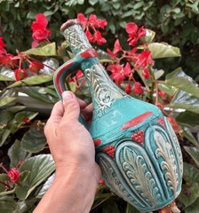 Vintage Medea Ceramic Turquoise Wine Bottle Decanter Jug Boho MCM Table Decor