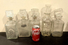 5 Old MCM 1960s Square Clear Glass Bar Liquor Bottles Bourbon Tag