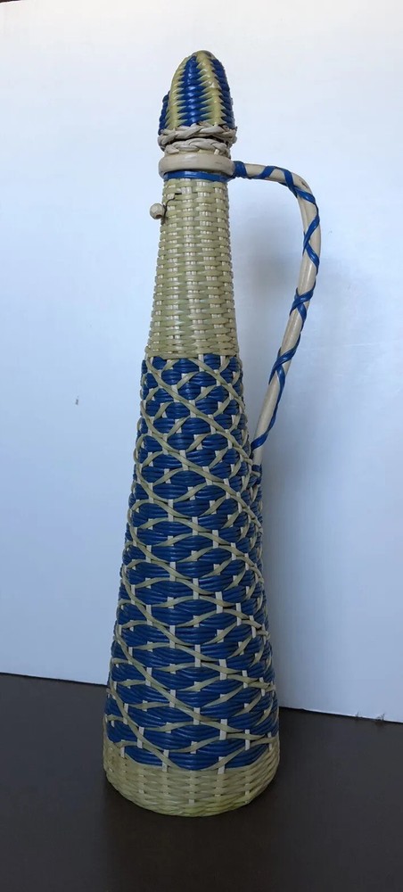 Vintage 1970s blue & natural Wicker Rattan Covered Handled brown Bottle w/ Top