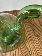 Vintage Hand Blown Green Glass Wine Decanter W/ Ice Chamber & Raffia Stoppers
