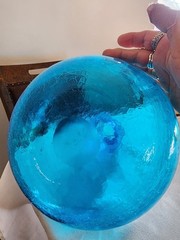 LARGE Blue Demijohn Studio Blown Glass bottle Crackled Bottom Polished Pontil