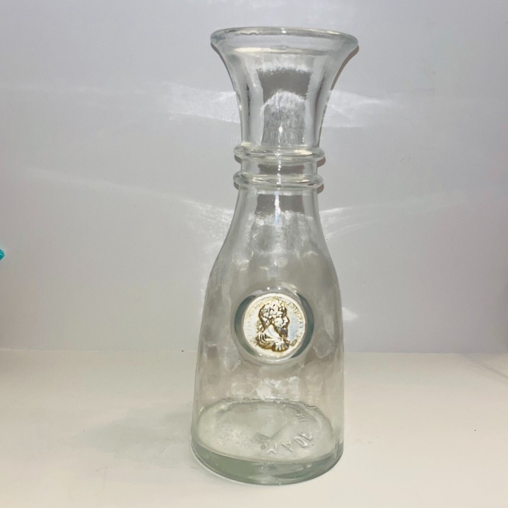 Vtg Wine Clear Glass Carafe Decanter Raised Faux Antique Gold Finish Medall Rare