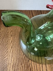 Vintage Hand Blown Green Glass Wine Decanter W/ Ice Chamber & Raffia Stoppers