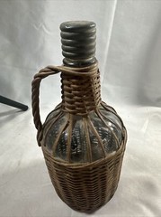 Old Glass Bubble Wicker Wrapped Bottle With Metal Screw Cork 10” Denver Antique
