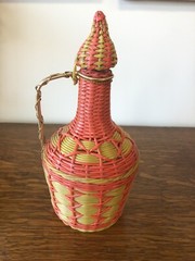 Vintage Plastic Wicker Wrapped Decanter Jug W/ Lid Neon Gimp Retro