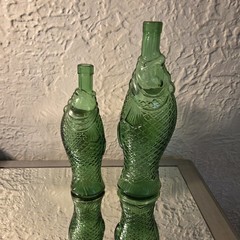 2 Vintage Decanter Fish Shaped Glass 13&Prime; & 10” Green Italian Wine Bottle 70s