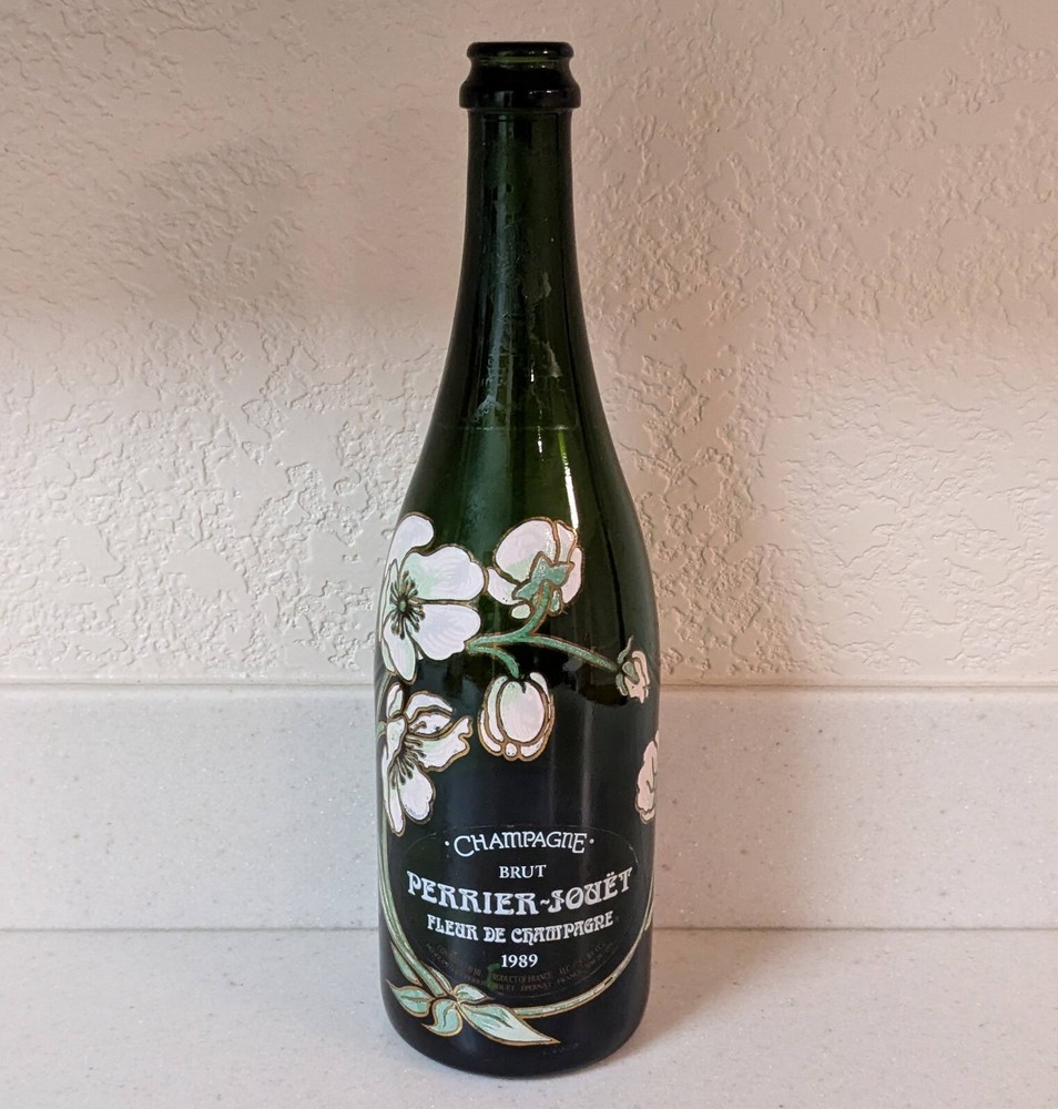 Vintage Collectible 1980s Brut Perrier Jouet Fleur de Champagne Painted Bottle