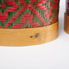 French 1950s Vtg Green Red Rattan Wrapped Picnic Camping Thermos Flask Bottles