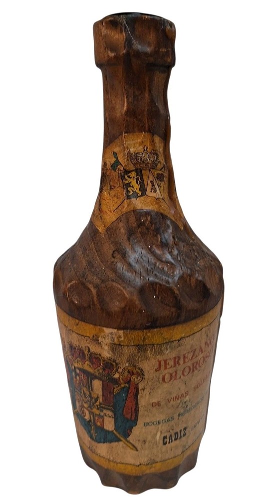 Vtg Wood Carved Wine Bottle Jerezano Oloroso Primitive Pirate Prop Candle Holder