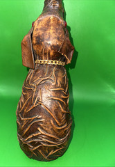 VINTAGE LEATHER WRAPPED ELEPHANT WINE BOTTLE WITH RED EYES AND GOLD CHAIN