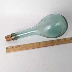 Antique Hand Blown Glass Round Bottom Bulb Wine Bottle Flask Aqua Vtg