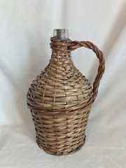 Vintage French Glass Demijohn Wine Bottle Wicker Rattan, 13” Tall