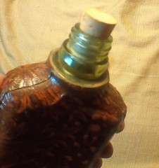Vintage Spanish Leather Covered Liquor Bottle Flask Spain Embossed Man&rsquo;s Head