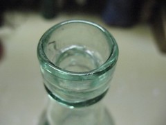 ANTIQUE WINE / LIQUOR BOTTLE BLOWN / SPUN APPLIED TOP AQUA GLASS