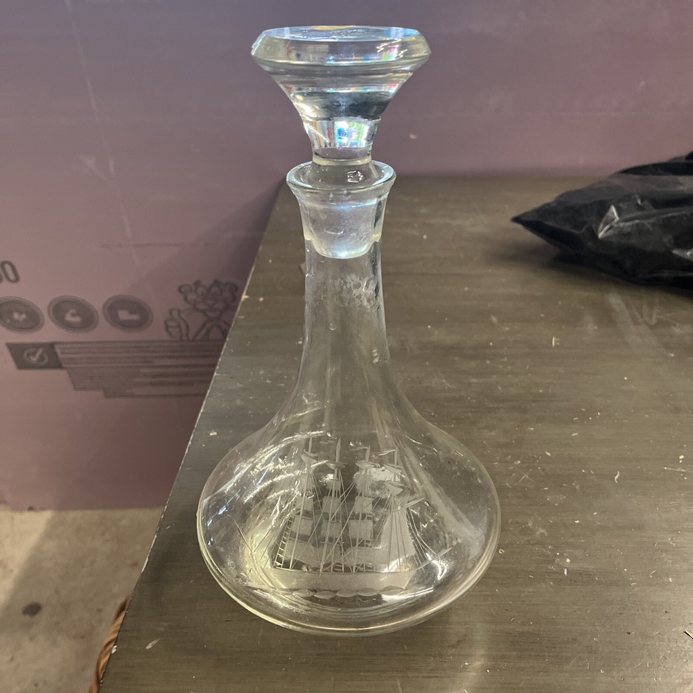 Crystal Glass Decanter With Topper And Sailboat Design