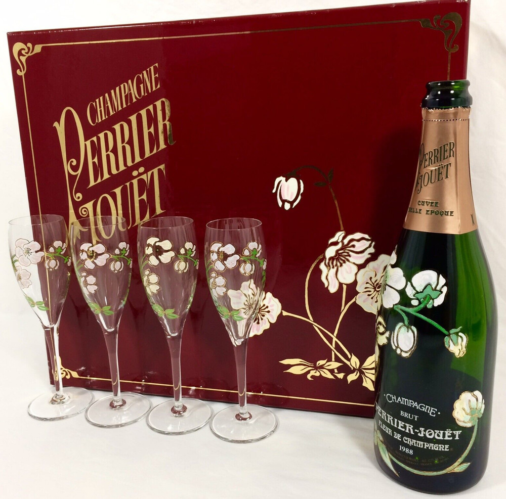 1988 Perrier Jouet Belle Epoque 4 Champagne Flutes & Floral EMPTY Bottle Vtg Box