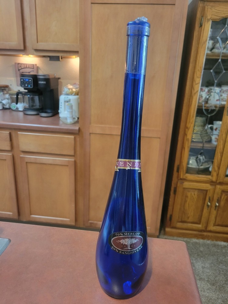 Cobalt Blue Glass Wine Bottle: Vendi 70% Merlot & 20% Sangiovese 16 1/2&Prime; Tall