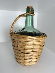 Vintage Farmhouse Demijohn Wine Bottle Aqua Glass, Wicker Wrapped, 12” Tall