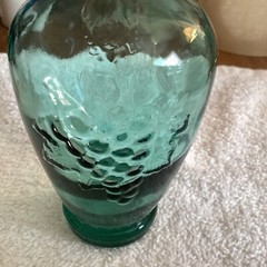 Vintage 6” Wine Bottle Grape Design With Heart ..Cantine Vaseline..Teal Blue