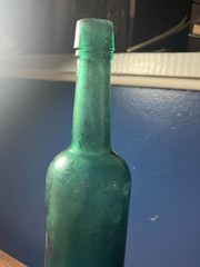 Vtg. Emerald Green Peppersauce Bottle Embossed JPS Ht: 9&Prime; Cir: 2 1/2&Prime;
