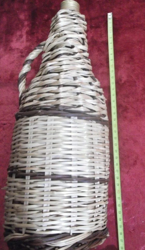 RARE RETSINA GREEK WINE EMPTY CLEAR GLASS DISPLAY BOTTLE WICKER COVER 37 cm tall